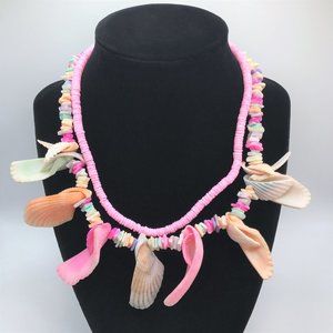 2 Necklace Lot Pink Multi Color Shell Chips Heishi Chunky Beach Surfer Retro